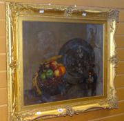 Framed & glazed oil painting of a still life of fruit & a copper lustre jug, pewter charger in an