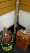 A pair of vintage ice skates, a fishing rod & a canvas case, picnic case ETC Condition reports are