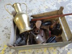 A crate of mixed items including cobbler's lasts, metalware ETC Condition reports are provided on