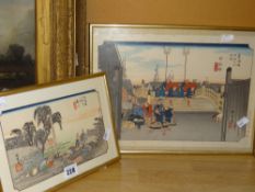 Two Japanese woodblock prints with narrative & inscriptions 29 x 39cms & 20 x 27cms Condition