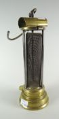 A Laidler Davey-type brass & gauze miner's lamp, impressed with maker's initials in triangle logo '
