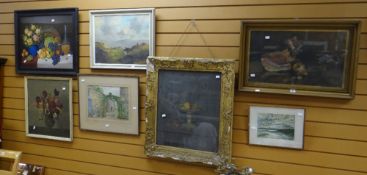 Parcel of mixed framed pictures including still-life oil, upland sheep, still-life in antique