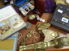A parcel of collectables including brass items, playing cards and dispenser, old frame ETC Condition