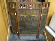 An Arts & Crafts-style tri-fold screen with painted relief decoration of exotic birds together