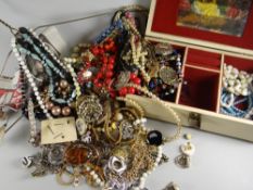 A quantity of costume beads & other jewellery together with a modern jewellery box Condition reports