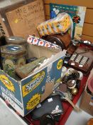 A quantity of mixed old collectables including vintage tins, old telephone, clocks ETC Condition