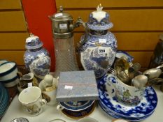 A tray of collectables including a decorative decanter, Chinese vases & plates ETC