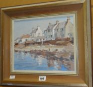 WARREN STOREY oil on canvas laid to board - coastal houses entitled verso 'Port William Galloway',