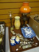 A vintage oil lamp, a pottery tureen, loose cutlery ETC Condition reports are provided on request by