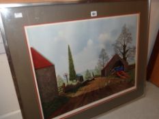 Framed signed print of a farm with distant church, 46 x 63cms Condition reports are provided on