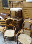 Five sundry chairs including two with rush seats, one carved corner elbow chair & a spoon back chair
