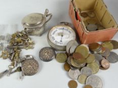 A parcel of loose coinage, pocket barometer, parcel of pocket watch keys ETC Condition reports are