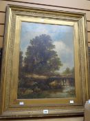 Nineteenth century oil on canvas figure on a bridge in a landscape, 60 x 44cms Condition reports are