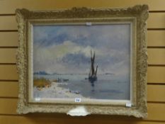 GERALD EDWARD ROBIN TUCKER oil on board - sailing ship just off the shore, signed, 41 x 54cms