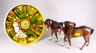 Two Beswick standing horses & a Poole flambe-style yellow ground plate Condition reports are