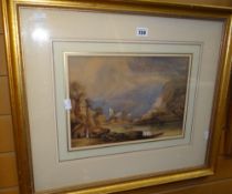 Nineteenth century British School watercolour figures on a path with castle ruins, 25 x 36cms