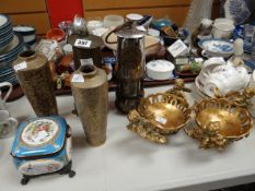 Two antique miner's lamps, a continental porcelain lidded box ETC