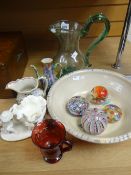 An antique glass jug, an interesting Oriental mniature tea-urn, spongeware jug, Moore Brothers