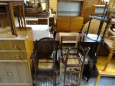 A nest of three coffee tables, sundry chairs & an antique what-not (distressed) Condition reports