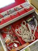 A mid-twentieth century jewellery box & contents including costume & gold jewellery including cameo,