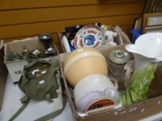 Two boxes of mixed china, a box of glass bottles & metalware, fishing items ETC Condition reports