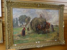 MAX KROMBACH (1867-1947) oil on canvas - large painting of a harvest scene with two bridle