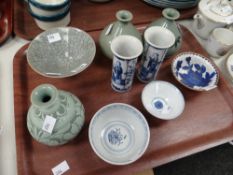 A parcel of Oriental pottery & china including crackle glazed vase, pair of blue & white chimney