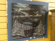 ELIZABETH LEWIS metal work panel of a moonlit lake with fir trees, 61 x 69cms Condition reports