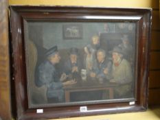 Nineteenth century oil on canvas interior tavern scene with gents telling stories in the company