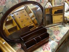 A vintage oval wall mirror, an antique toilet mirror & a letter rack Condition reports are
