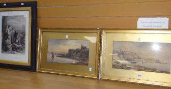 Pair of nineteenth century framed watercolours coastal scenes together with a framed engraving AFTER