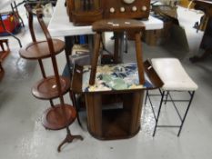 A charming joined wood stool, folding mahogany cake stand, two further stools Condition reports