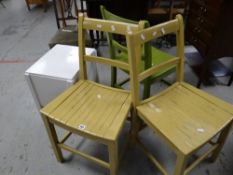 Three painted wooden chairs & a small painted floor standing box Condition reports provided on