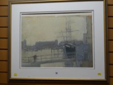 GORDON STUART gouache painting of Swansea marina with tall-ship & figure, 45 x 60cms Condition