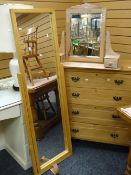 A modern lightwood cheval mirror & a carved pine toilet mirror with two drawers Condition reports