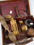 A lovely parcel of Welsh treen including ball & string games, a fruit wood spoon, carved inkwell ETC