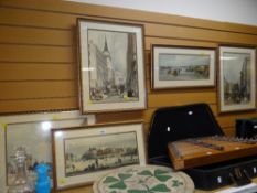 A set of five old London prints together with a watercolour of a seated cat ETC Condition reports