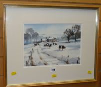 T WAUGH watercolour - winter scene with cows & farm, 22 x 31cms Condition reports provided on