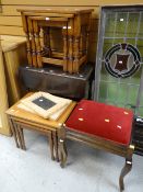 A nest of three oak coffee tables, a vintage tea trolley, nest of three tables, piano stool ETC
