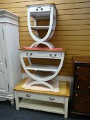 A modern pine & painted two-tier Long John coffee table, similar hall-table & a small version