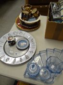 A parcel of pottery including copper lustre, modern lustre plaque, glass dressing table set ETC