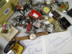 A small parcel of vintage lead toy figures & a tin of collectables including watches, small boxes