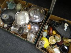 Two boxes of electroplate, a box of china, a box of hotel-ware & a box of mixed items ETC