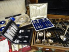 A canteen of cutlery, three cased sets of cutlery & a cased white metal & enamel dressing table
