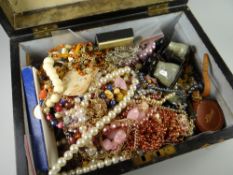 An antique walnut box with collectable contents including dress jewellery, sporting glasses ETC