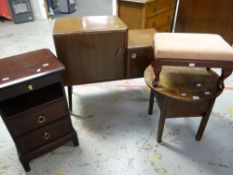 A circular-top table, footstool, Stag Minstrel bedside chest, a record cabinet etc Condition reports