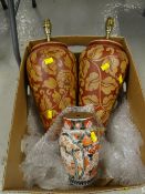 A pair of floral pottery table lamps & an Imari vase Condition reports provided on request by