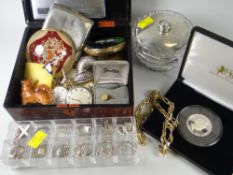 A box of small collectables including silver items (silver top jar, cigarette cards) also pocket