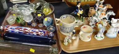 A Bristol blue glass rolling pin, a similar mottled glass rolling pin & a clear version, together