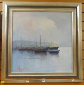 JORGE SEGRELLES (b.1953-) oil on canvas - boats in a harbour, signed, 60 x 60cms Condition reports